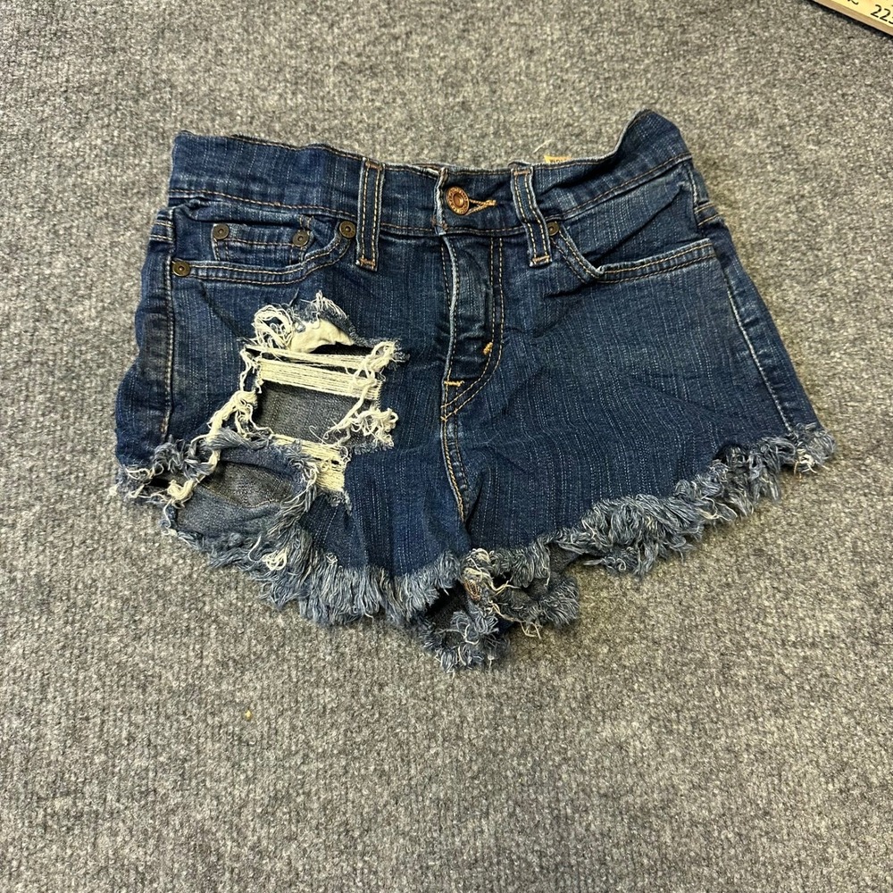 Levis Denim Shorts Womens Size 2 Medium Dark Wash Distressed Frayed Raw Hem Slim